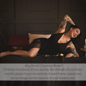 Female in an empowering boudoir portrait, embracing her unique journey and casting away her fear